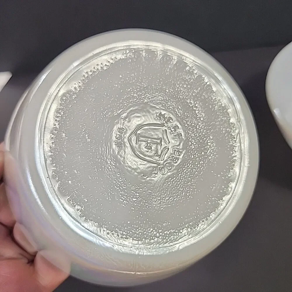 (2) Vtg Iridescent Anchor Hocking Fire King Milk Glass Custard Cups